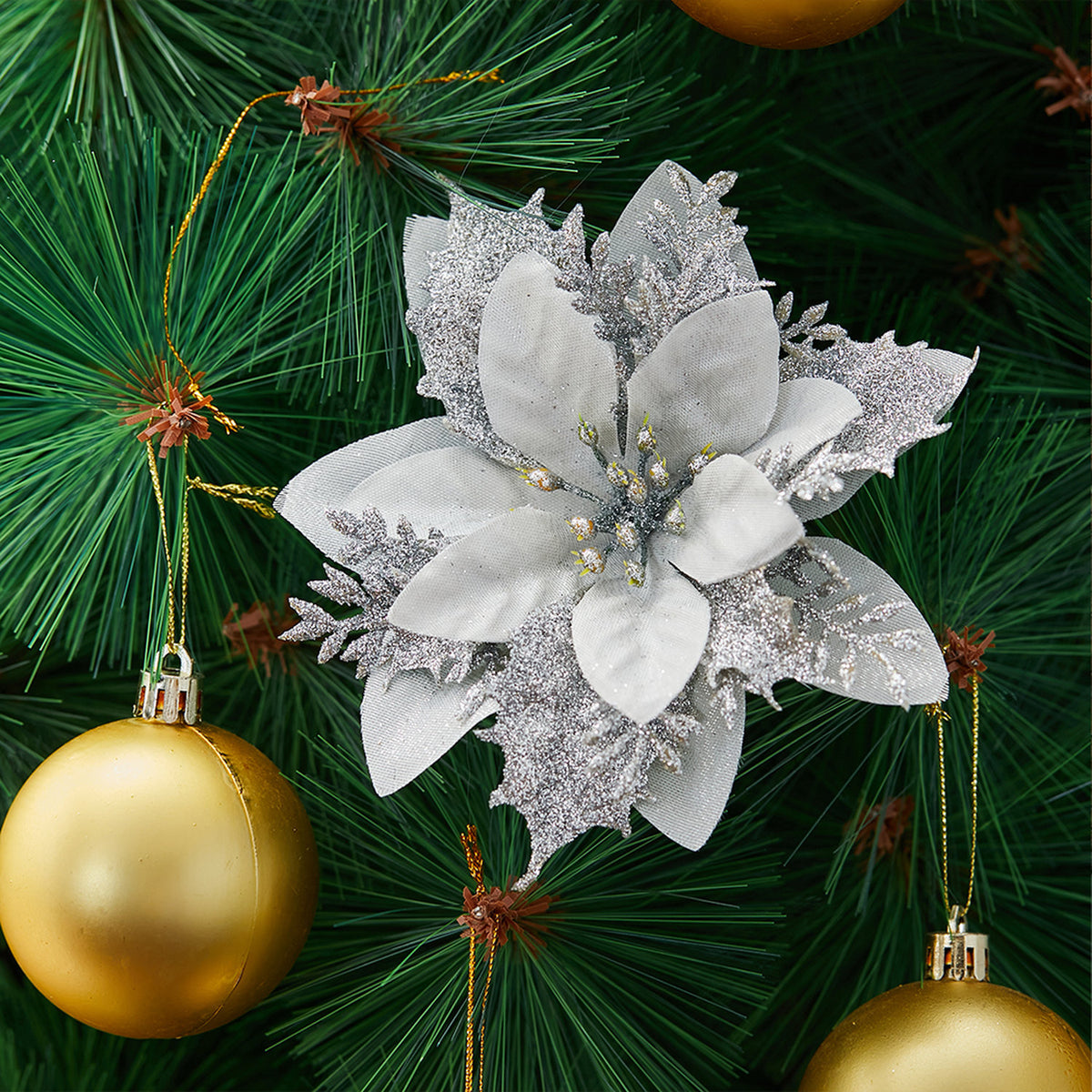 Silver Christmas Flowers Ornament 24 Pack