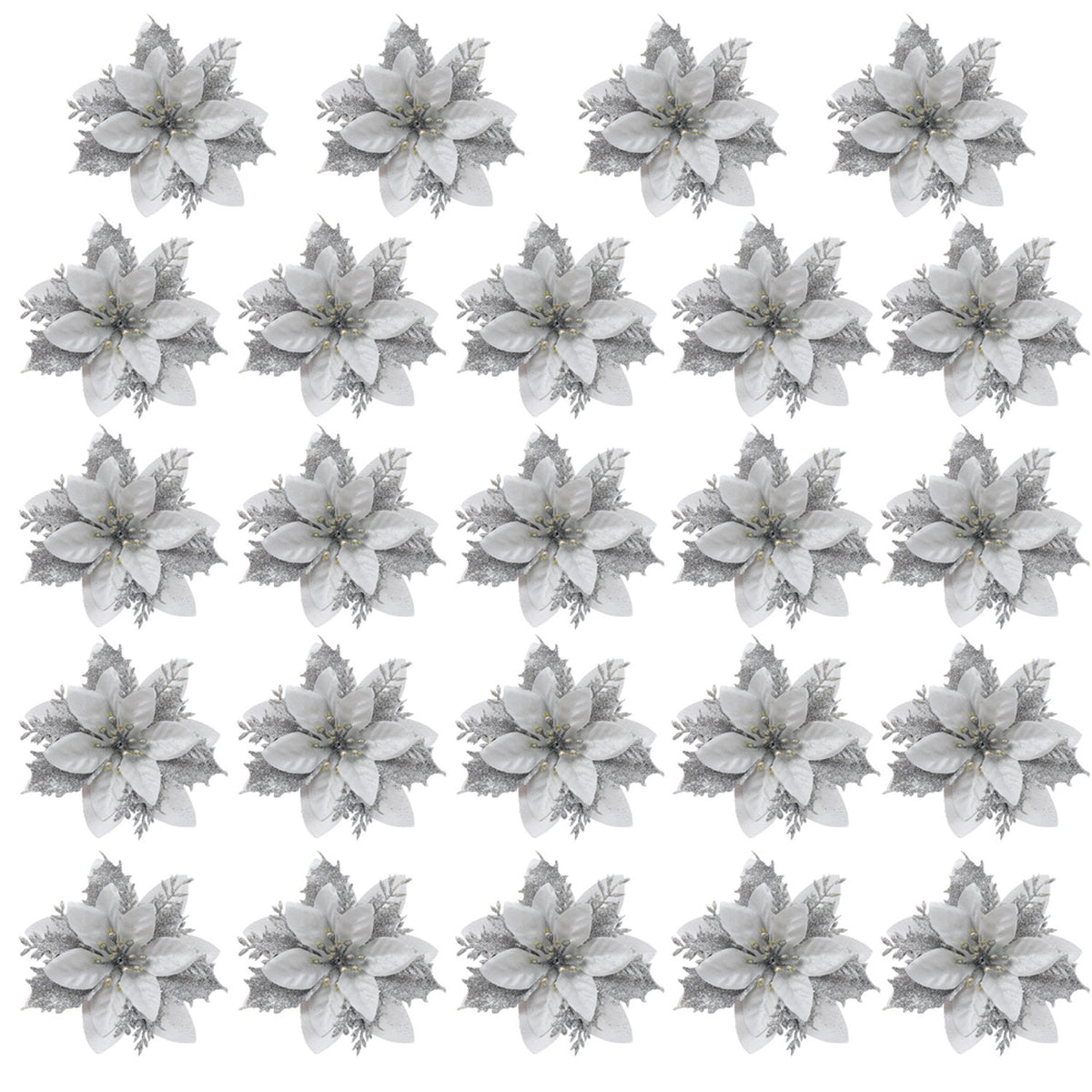 Silver Christmas Flowers Ornament 24 Pack