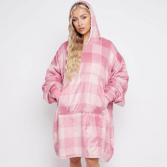 Check Blush Pink Oversized Fleece Hoodie