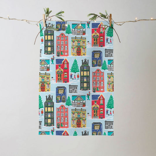 Christmas Houses Blue Cotton Tea Towel