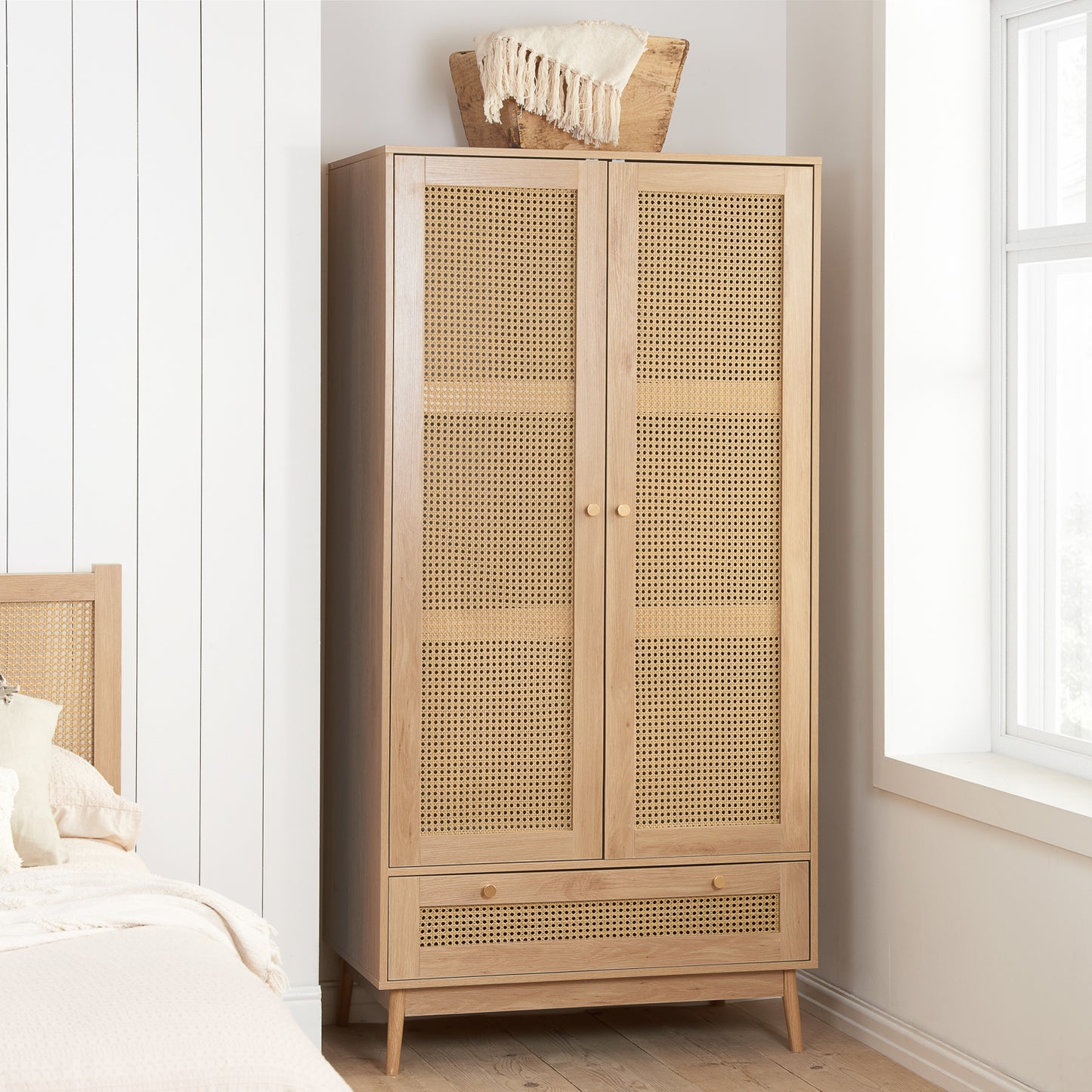 Croxley Oak 2 Door 1 Drawer Rattan Wardrobe