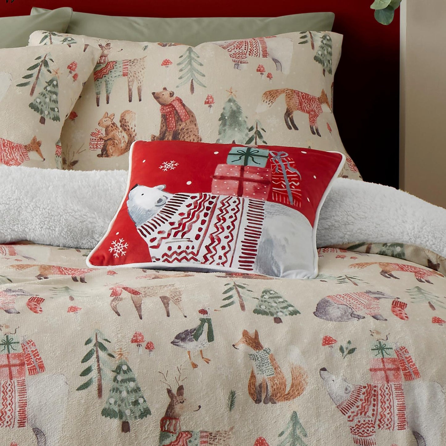 Christmas Polar Bear Red Velvet Cushion