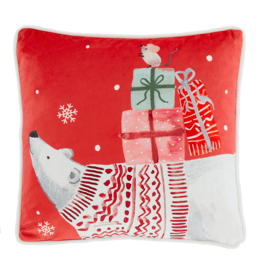 Christmas Polar Bear Red Velvet Cushion
