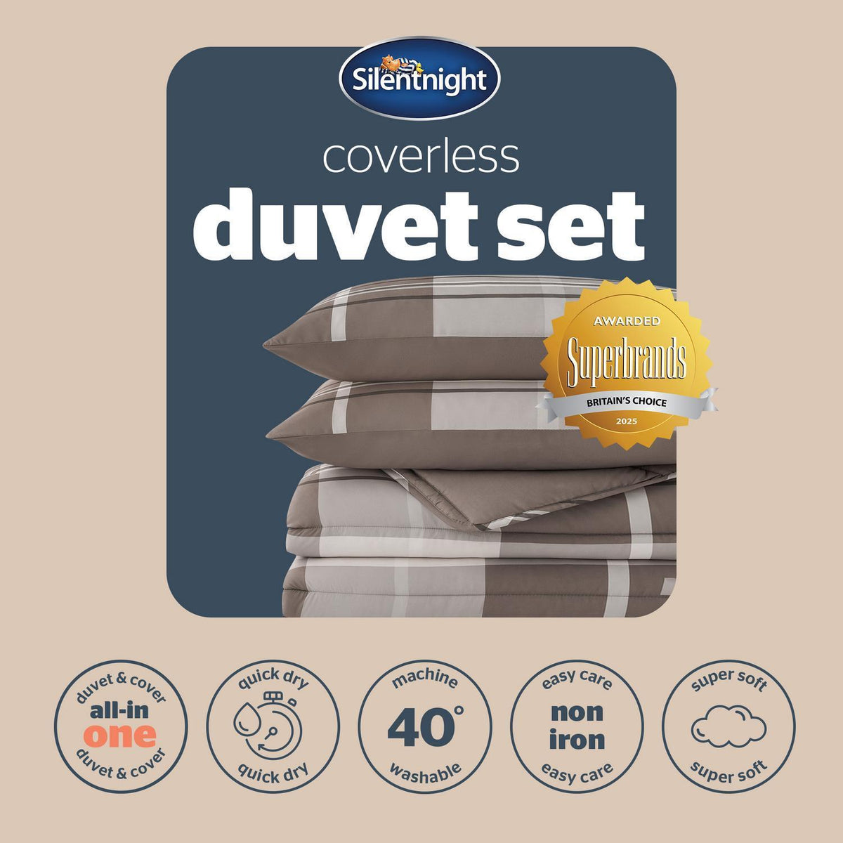 Silentnight Natural Check 10.5 Tog Coverless Duvet and Pillowcase Set