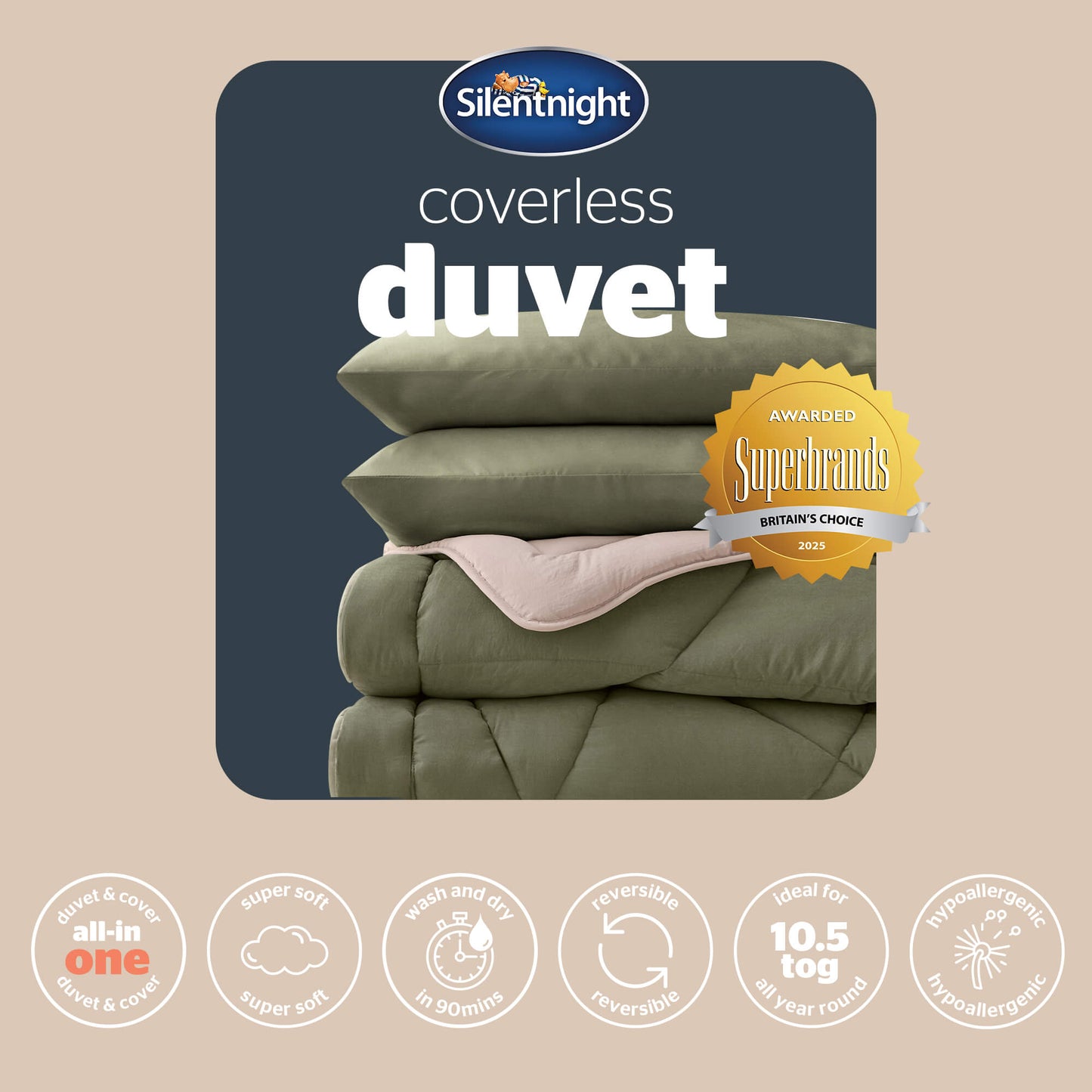Silentnight Olive Green Reversible Coverless 10.5 Tog Duvet Set