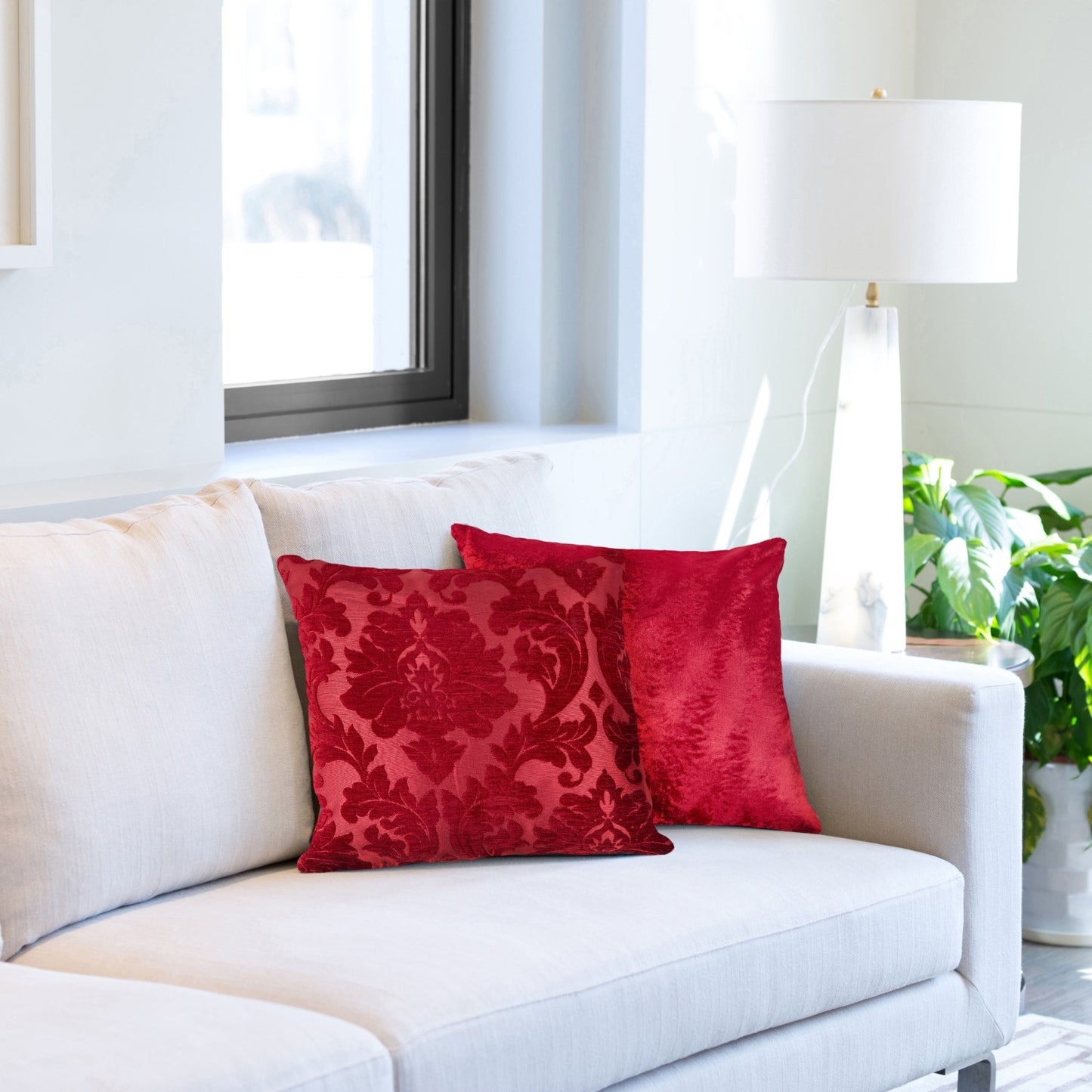 Damask Red Chenille Jacquard Cushion Cover Pair (43cm x 43cm)