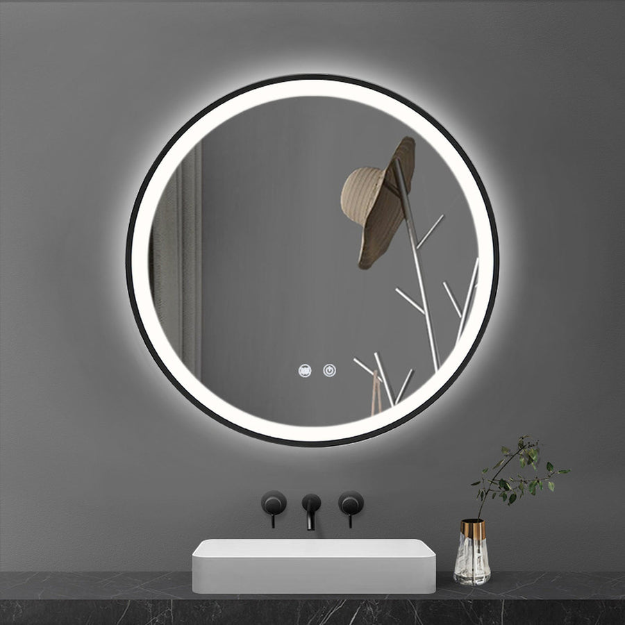 Round Black Metal Frame LED Bathroom Wall Mirror 60cm