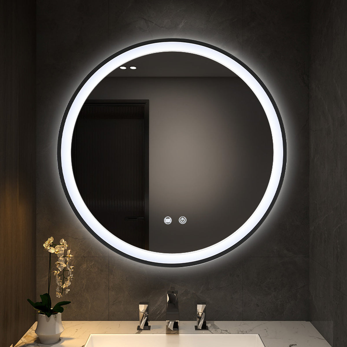 Round Black Metal Frame LED Bathroom Wall Mirror 60cm