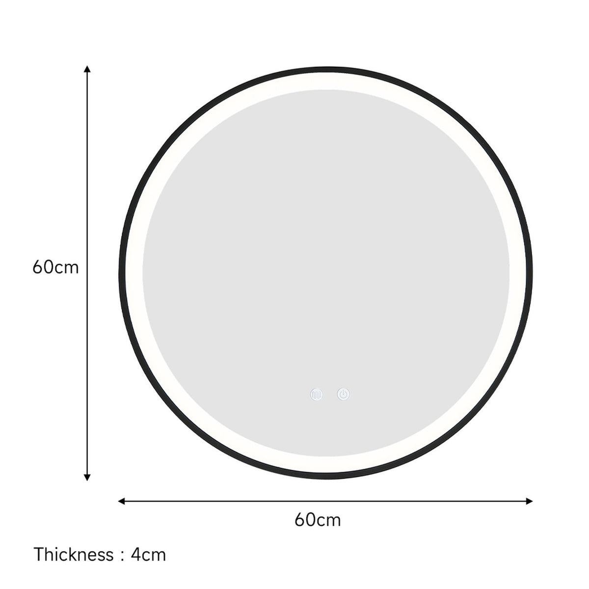Round Black Metal Frame LED Bathroom Wall Mirror 60cm