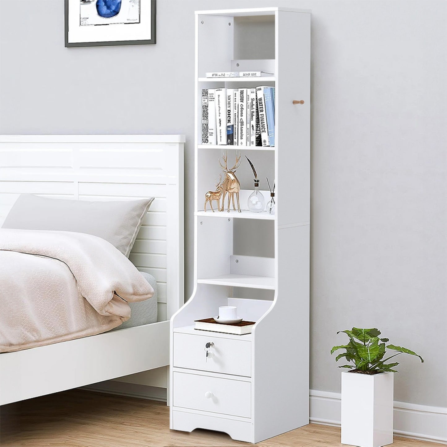 Slim 5-Tier Bookshelf with Lockable Drawers