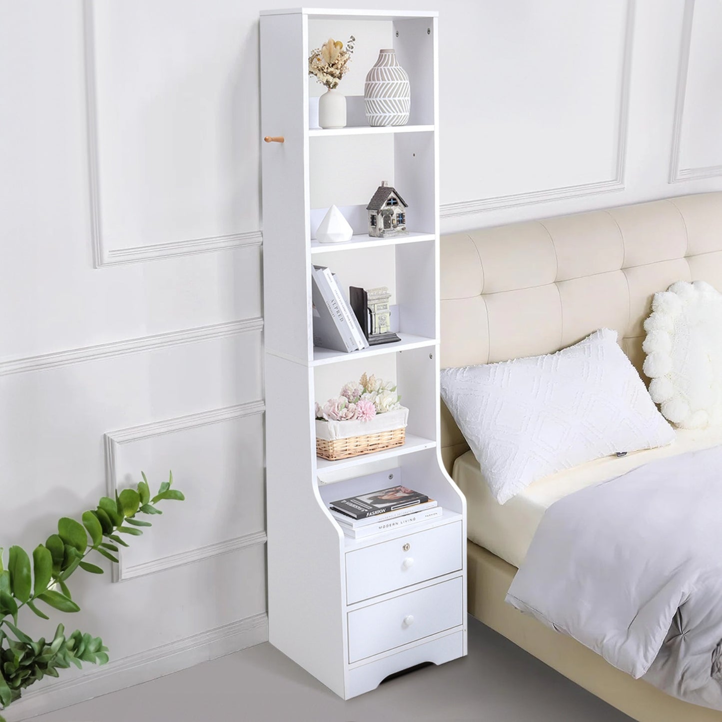Slim 5-Tier Bookshelf with Lockable Drawers