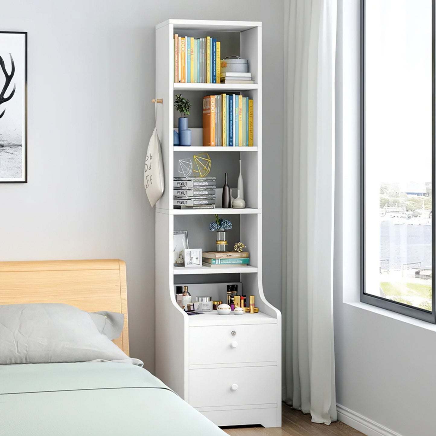 Slim 5-Tier Bookshelf with Lockable Drawers