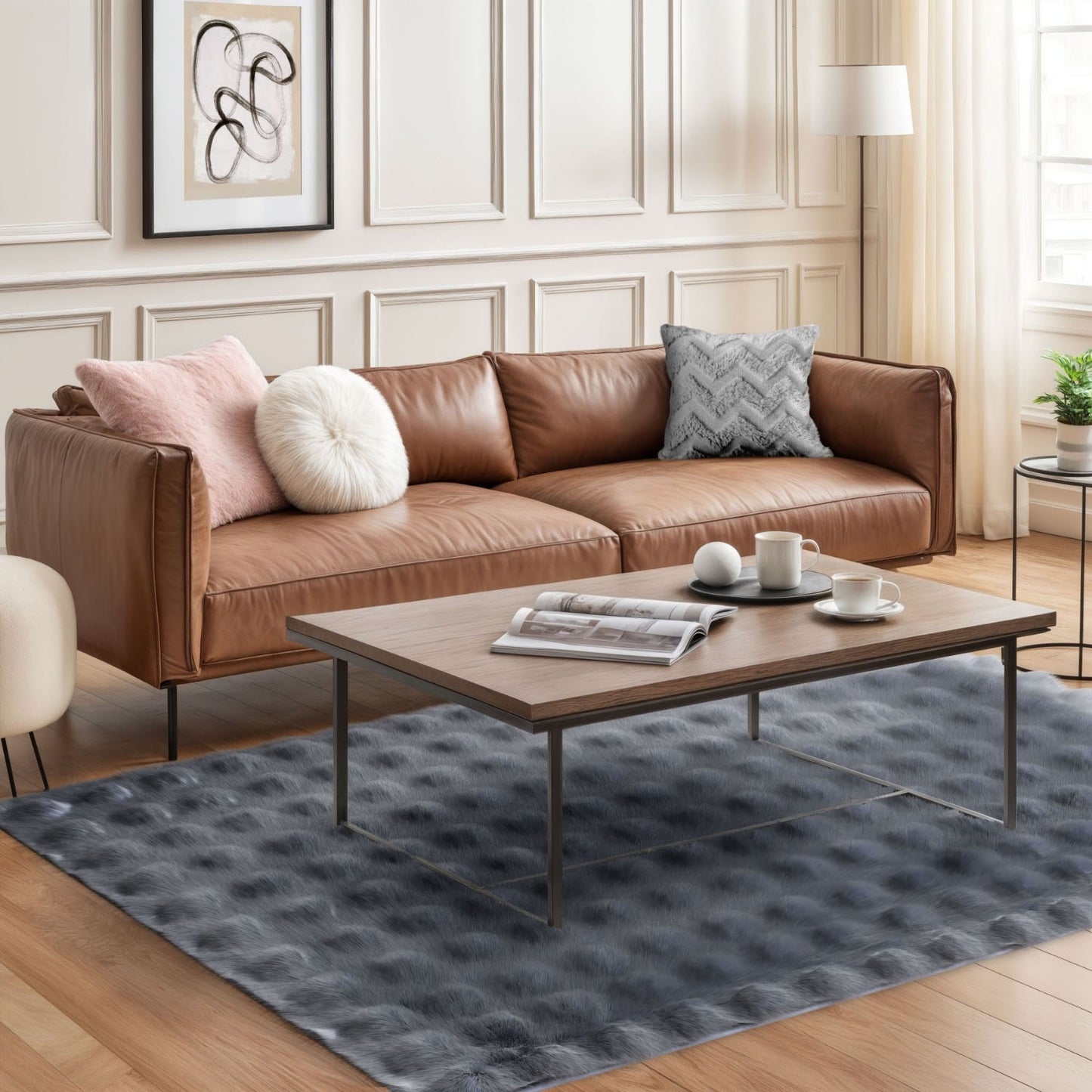 Deluxe Charcoal Faux Rabbit Fur Room Rug