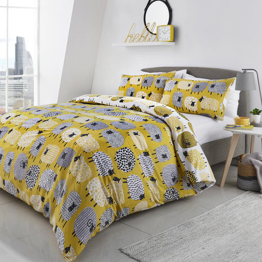 Dotty Sheep Ochre Yellow Easy Care Duvet Set