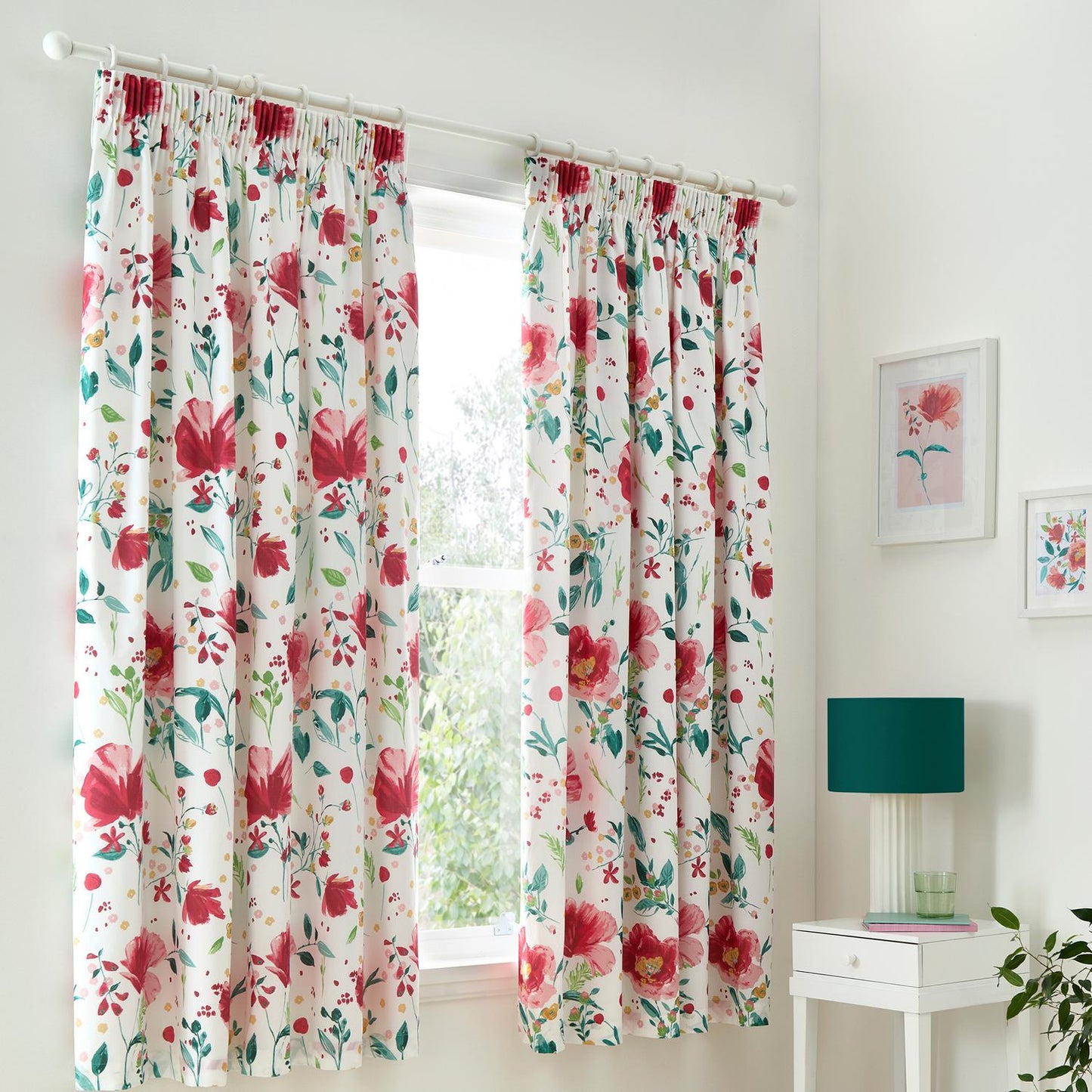 Abstract Poppy Red Lined Pencil Pleat Curtains