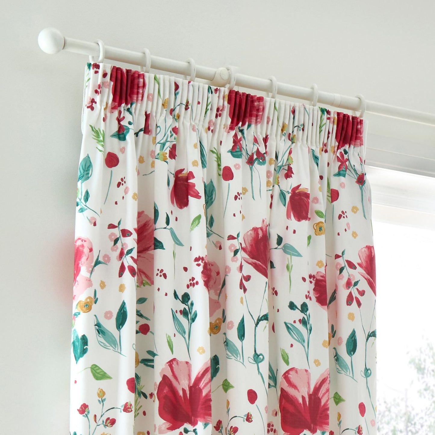 Abstract Poppy Red Lined Pencil Pleat Curtains