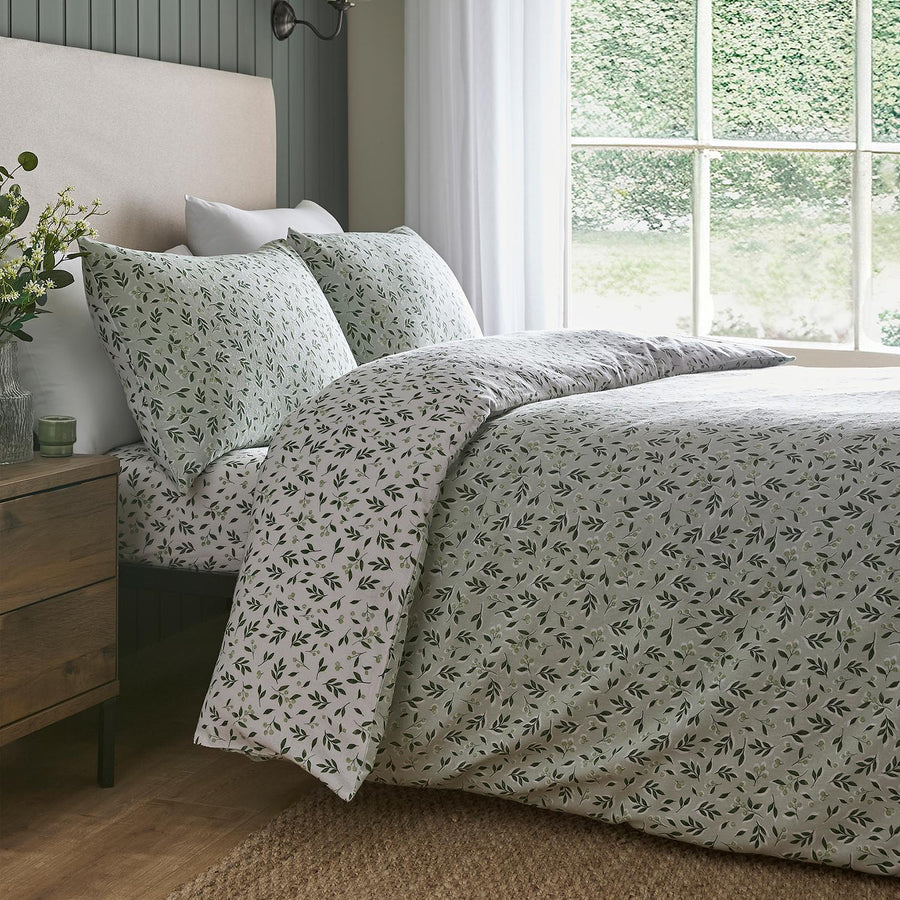 Falling Leaf Reversible Brushed Cotton Green Duvet Set