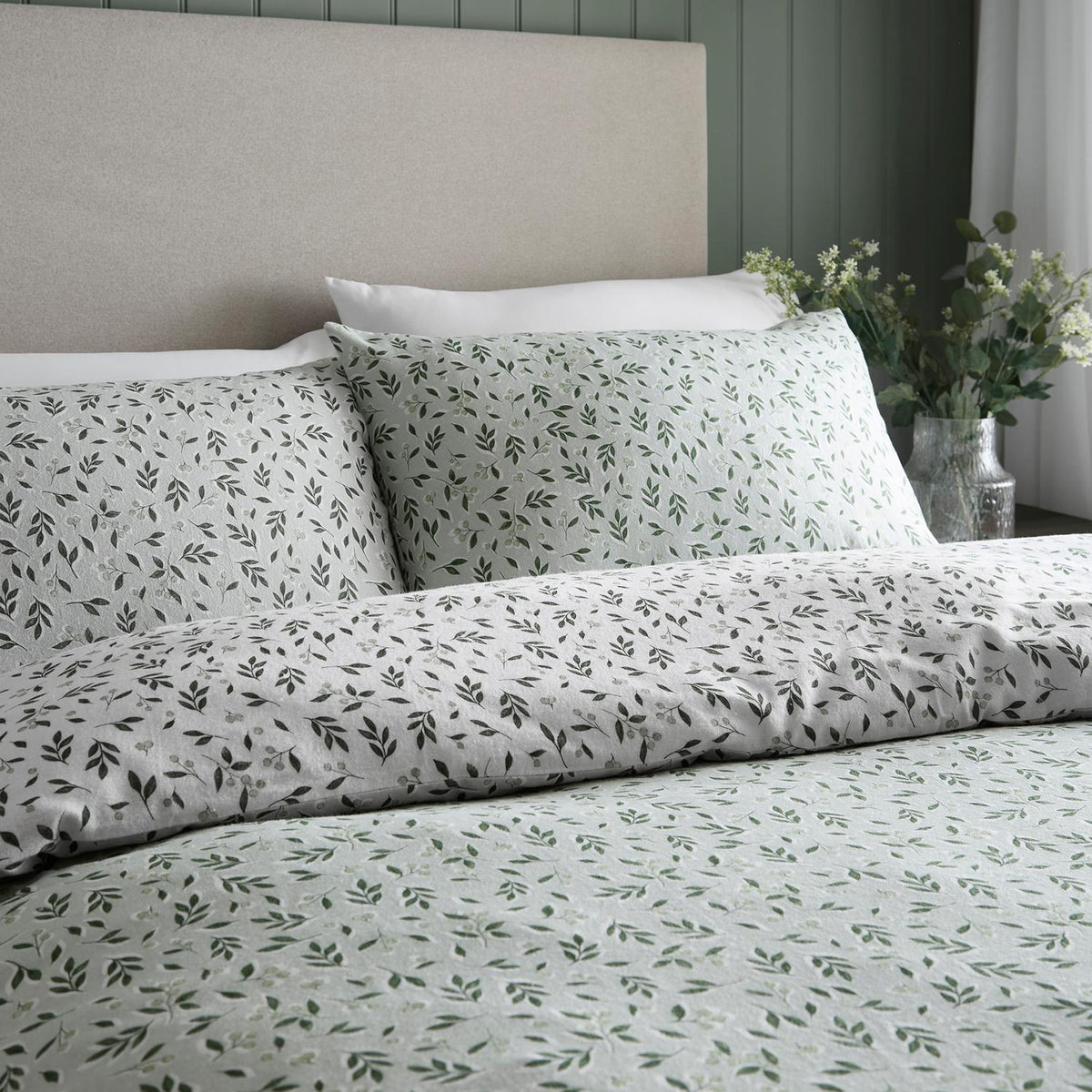 Falling Leaf Reversible Brushed Cotton Green Duvet Set