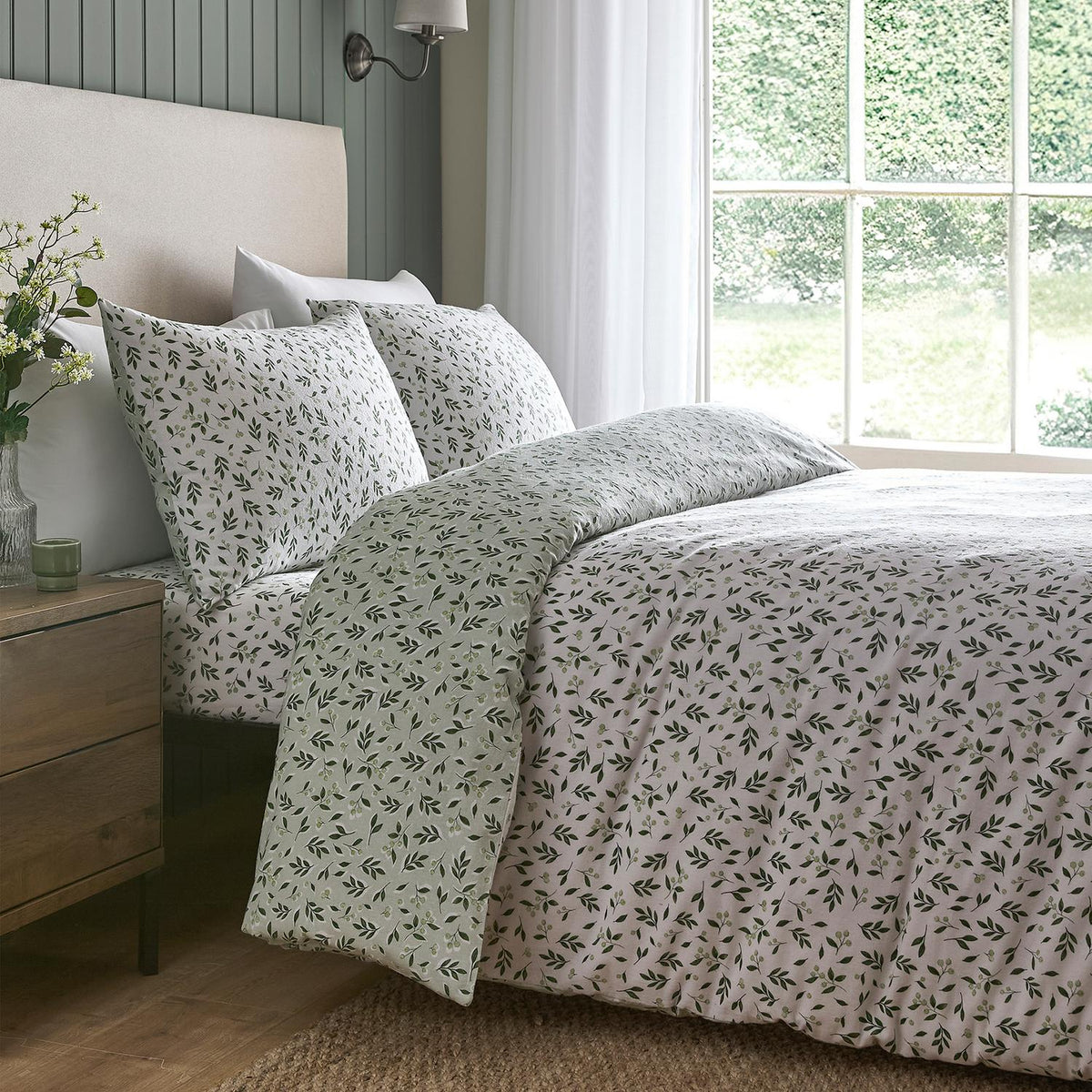 Falling Leaf Reversible Brushed Cotton Green Duvet Set