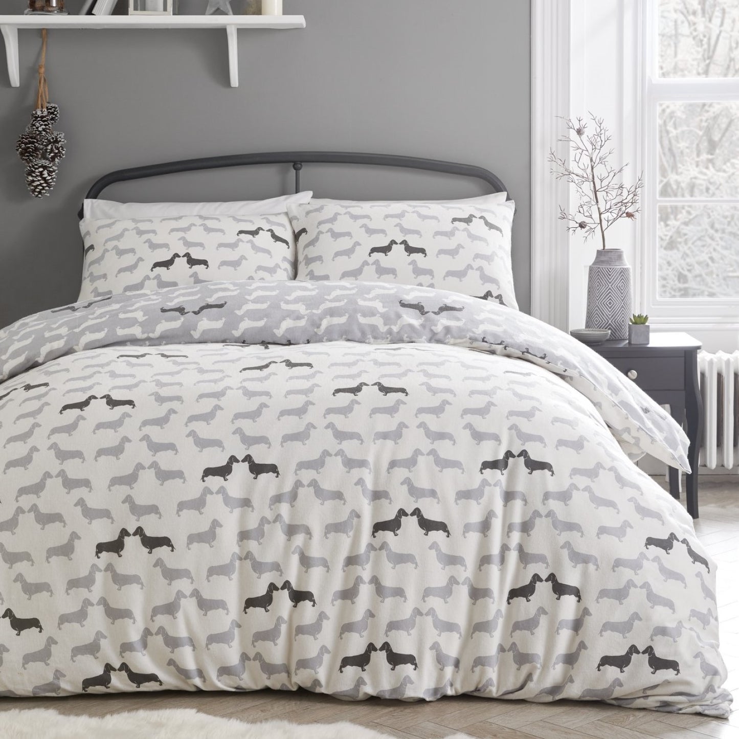 Dudley Dachshund Grey Brushed Cotton Duvet Set