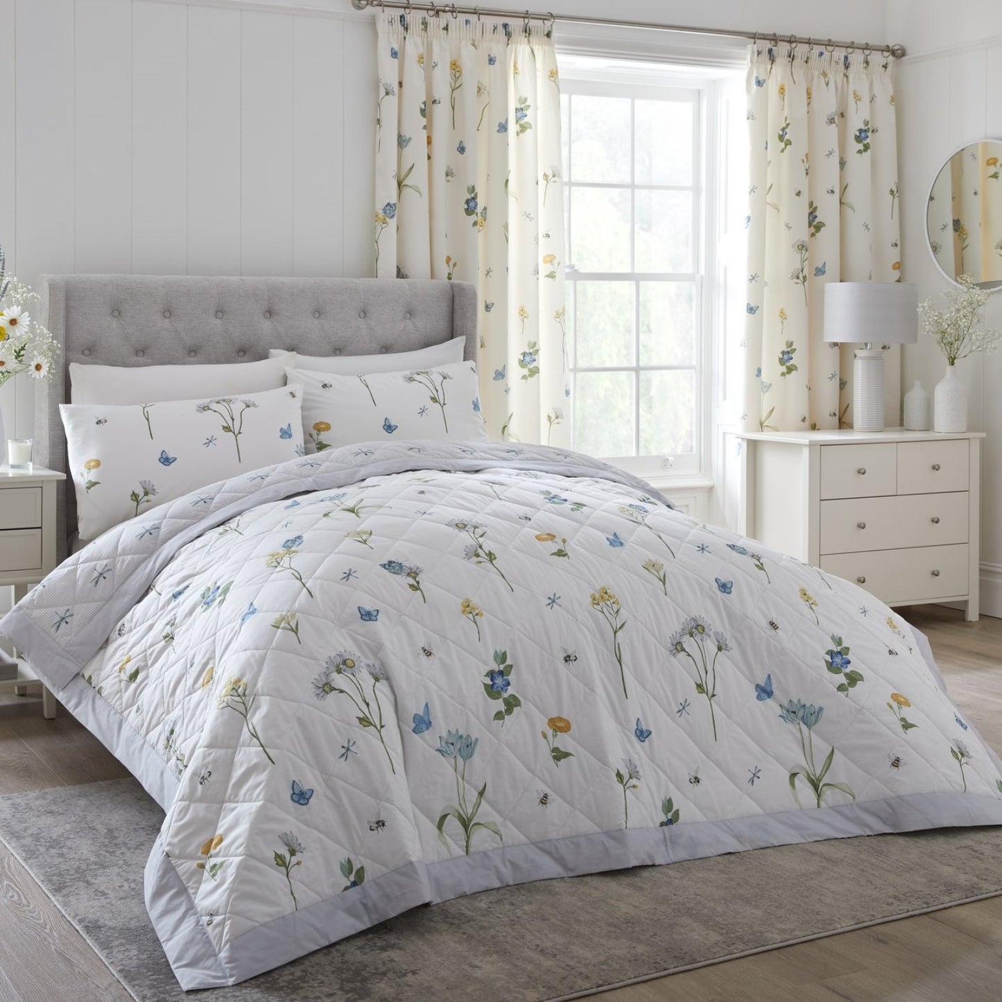 Emelia Blue Floral Quilted Bedspread