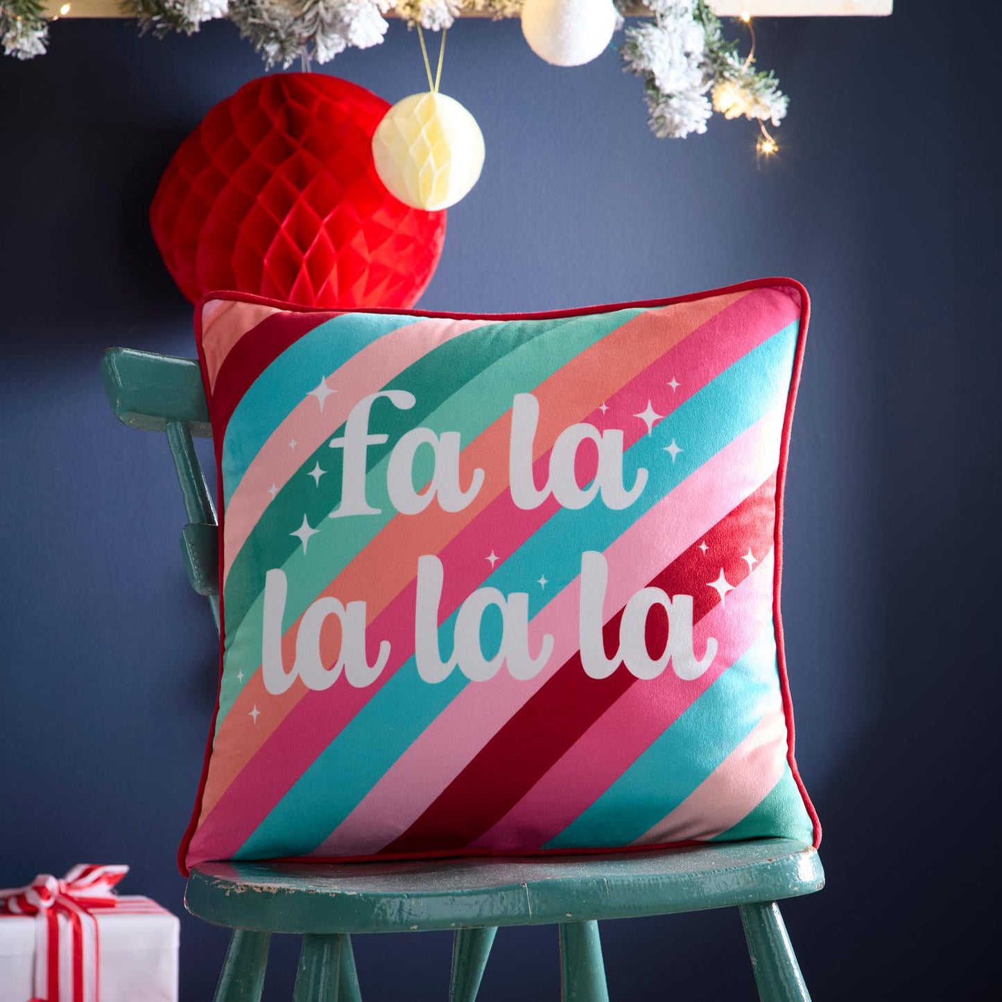 Fa La La Pink Velvet Christmas Cushion