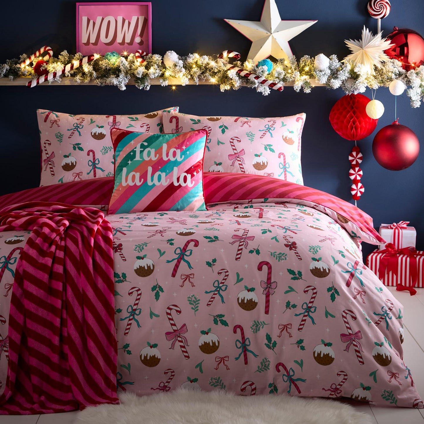 Fa La La Pink Velvet Christmas Cushion