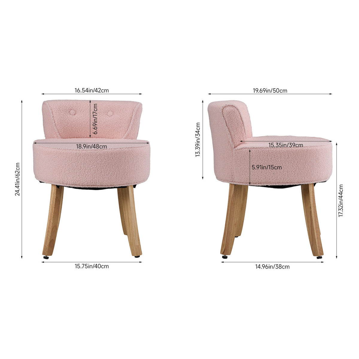 Pink Teddy Fleece Vanity Stool with Wooden Legs