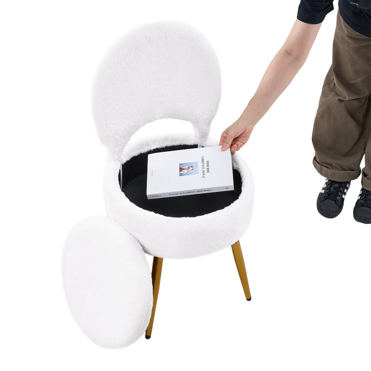 Faux Rabbit White Fur Vanity Chair with Storage