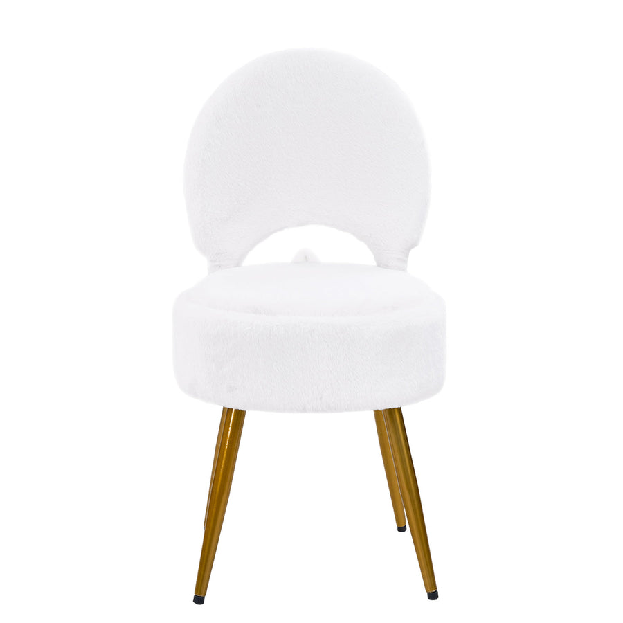 Faux Rabbit White Fur Vanity Chair with Storage