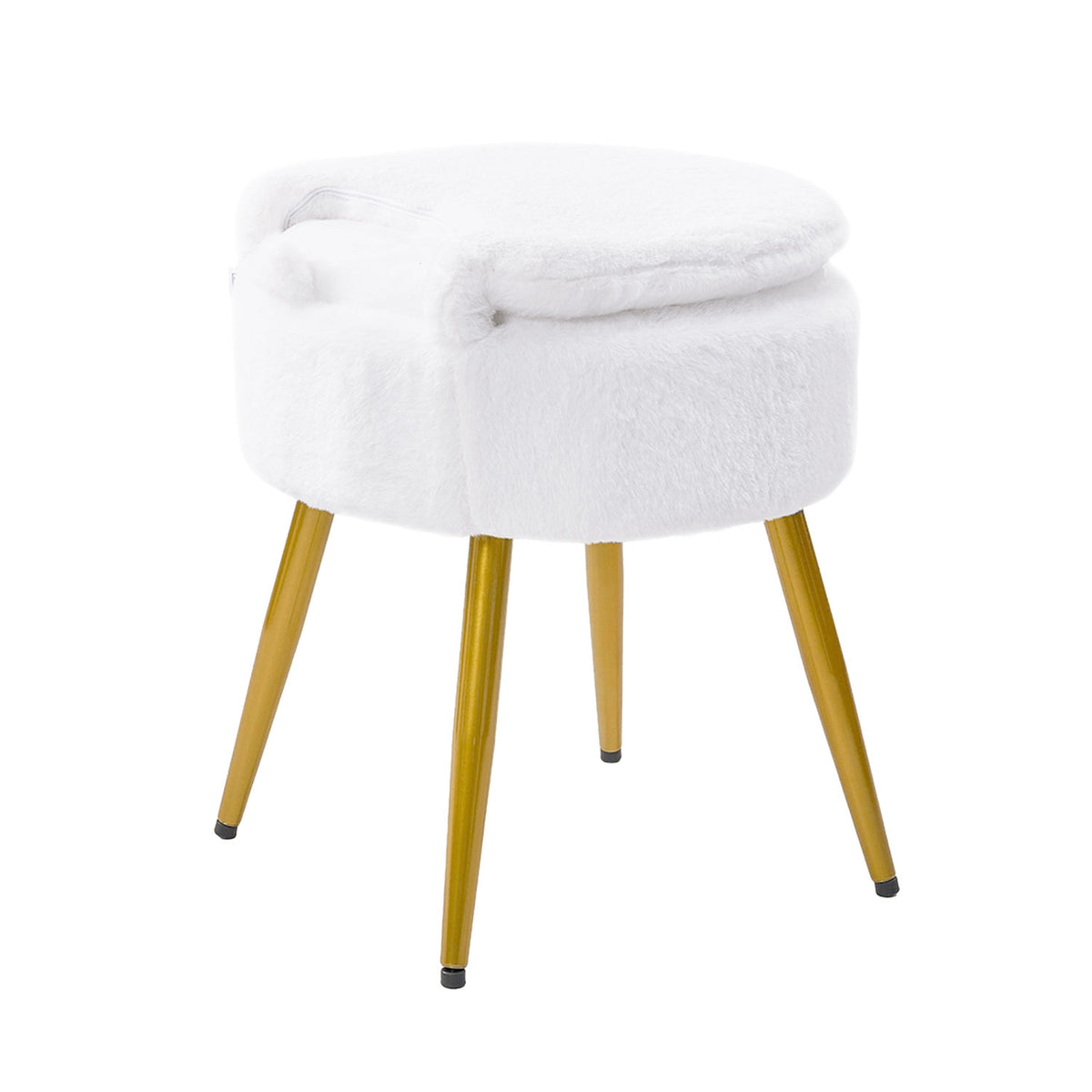 Faux Rabbit White Fur Vanity Chair with Storage