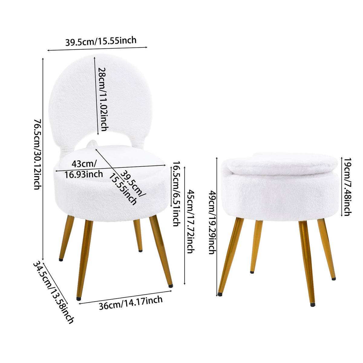 Faux Rabbit White Fur Vanity Chair with Storage