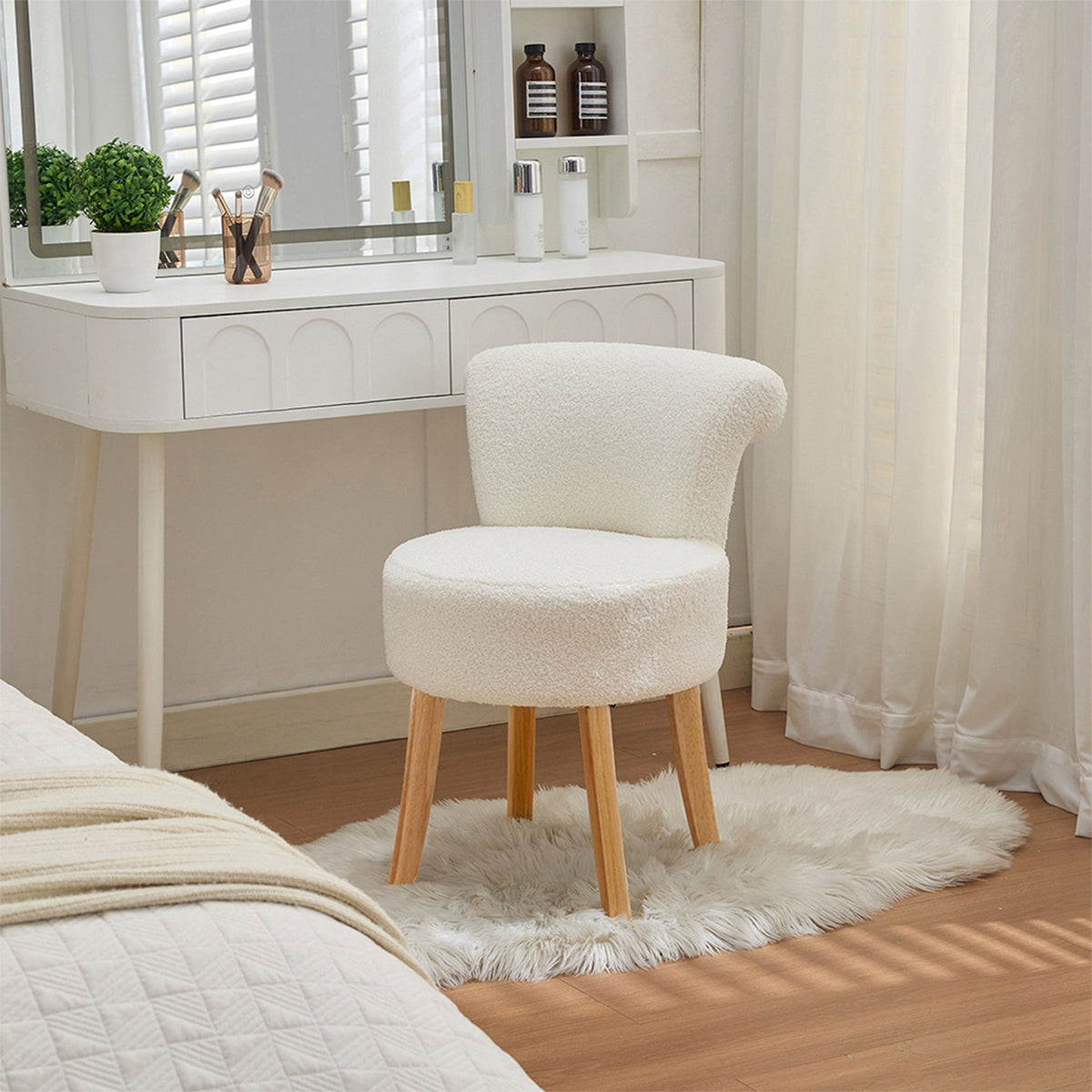 White Teddy Fleece Vanity Stool