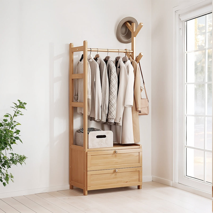 Natural Wood Coat Rack with 2 Cabinets & Hooks