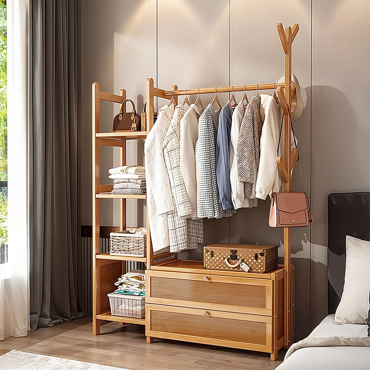 Wooden Coat Rack with Cabinets, Side Shelves