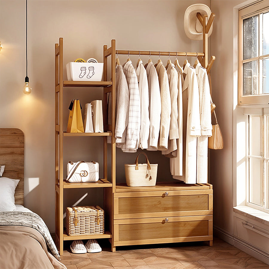 Wooden Coat Rack with Cabinets, Side Shelves