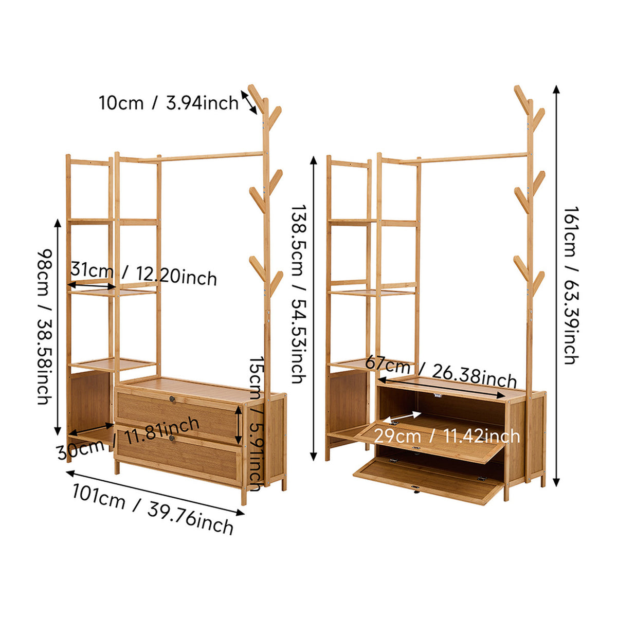 Wooden Coat Rack with Cabinets, Side Shelves