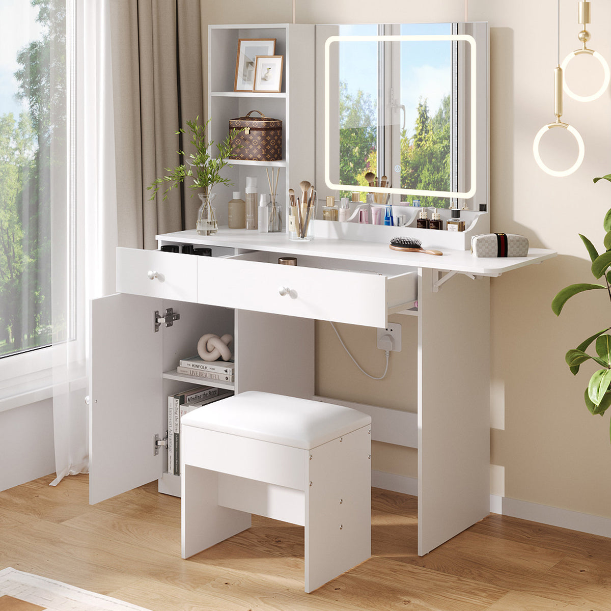 Dressing Table Set White with LED Mirror