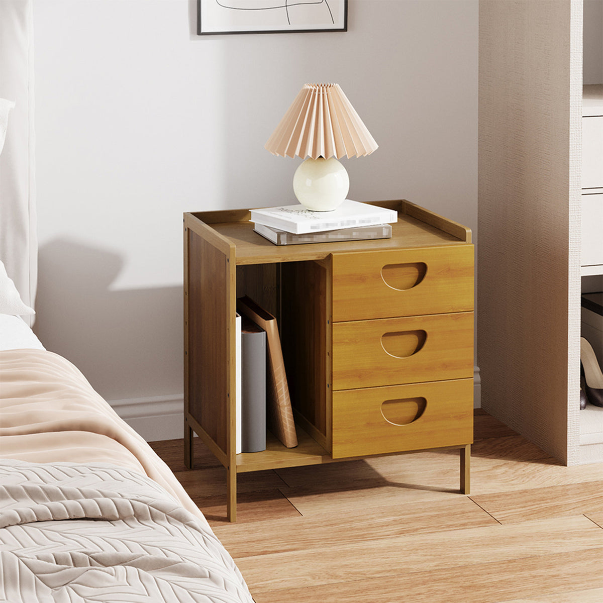 Tawny Bedside Table with Open Shelf & 3 Drawers
