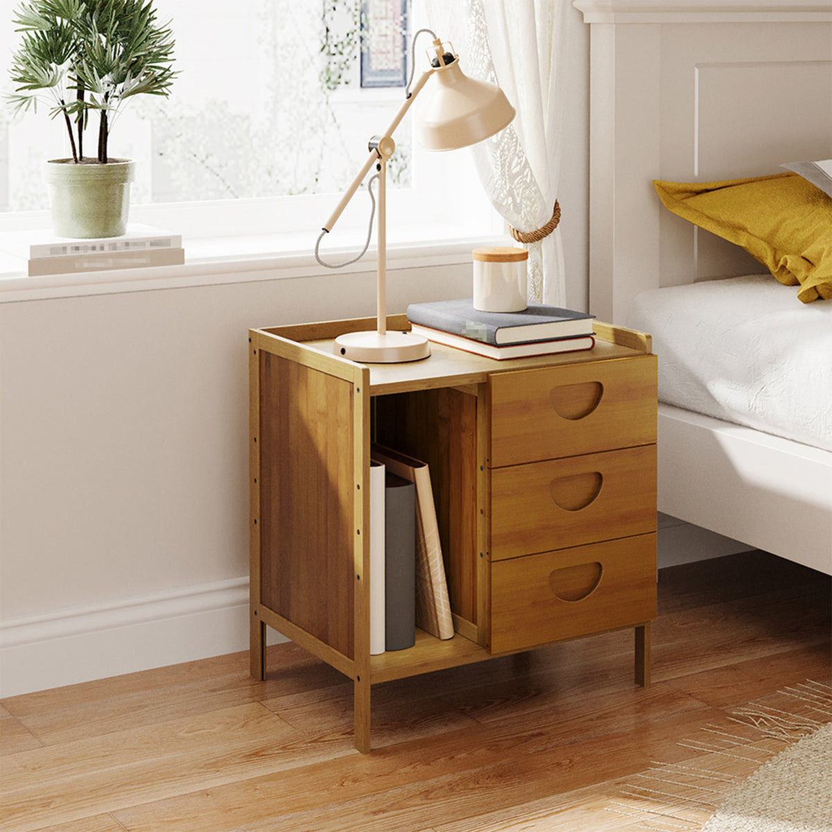 Tawny Bedside Table with Open Shelf & 3 Drawers