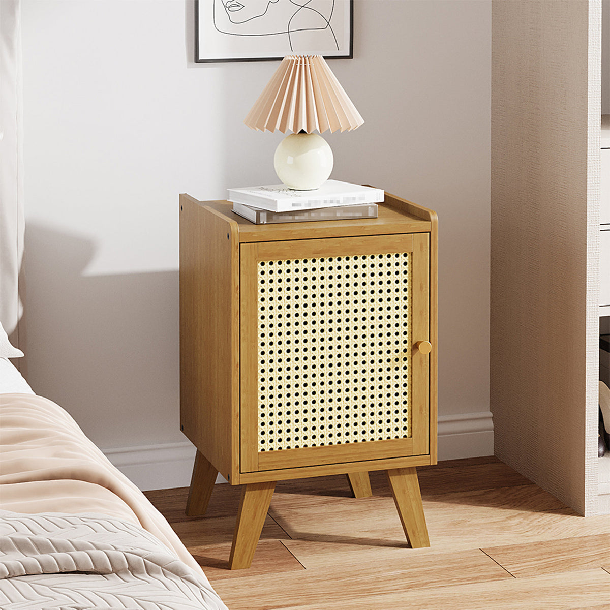 Tawny & Cream Bedside Table with Rattan Door