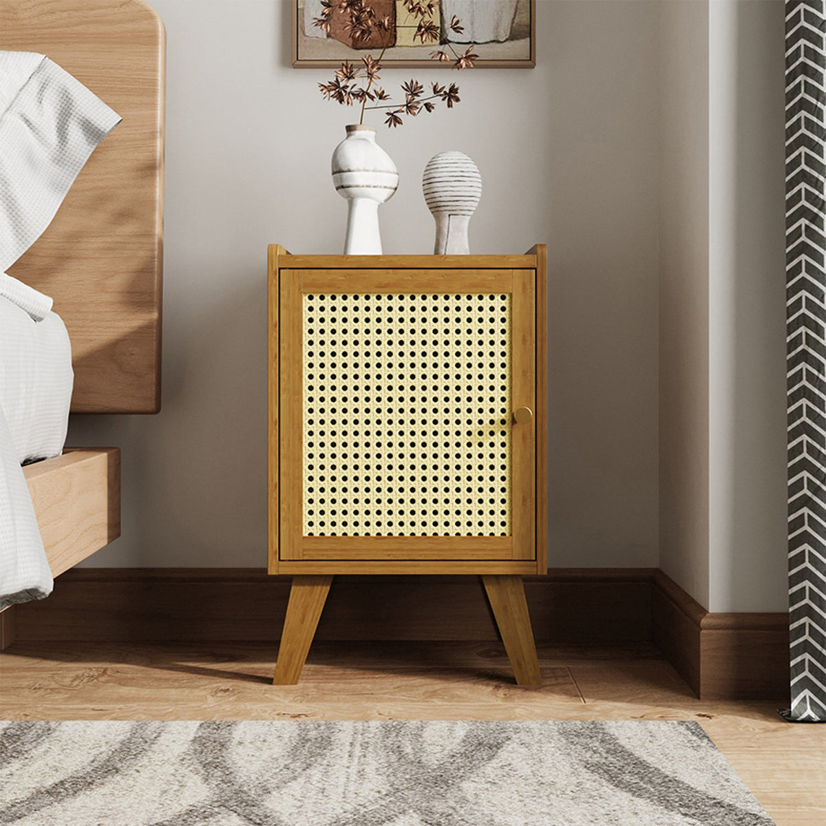 Tawny & Cream Bedside Table with Rattan Door