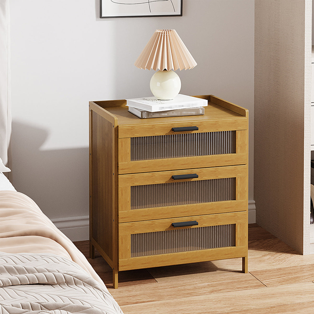 Tawny Bedside Table with 3 Ribbed Panel Drawers