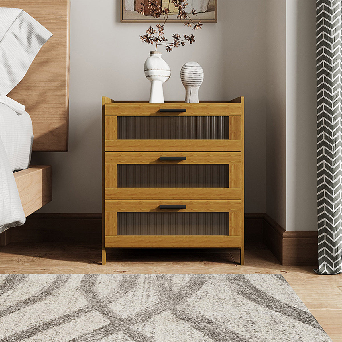 Tawny Bedside Table with 3 Ribbed Panel Drawers