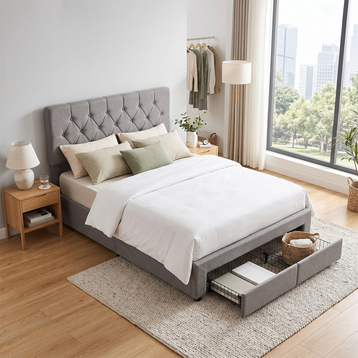 Upholstered Double Bed Frame Grey with 2 Drawers
