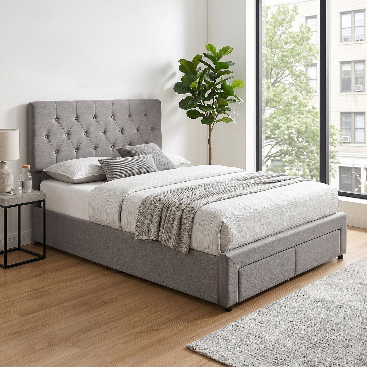 Upholstered Double Bed Frame Grey with 2 Drawers