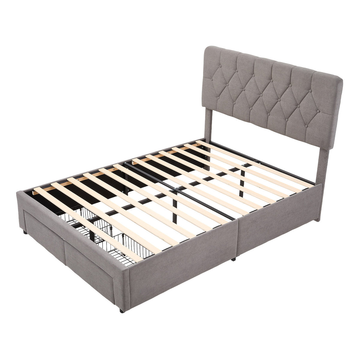 Upholstered Double Bed Frame Grey with 2 Drawers