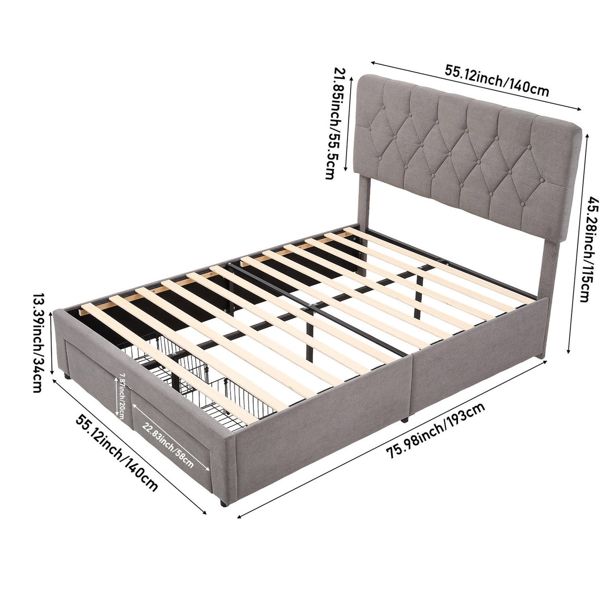 Upholstered Double Bed Frame Grey with 2 Drawers