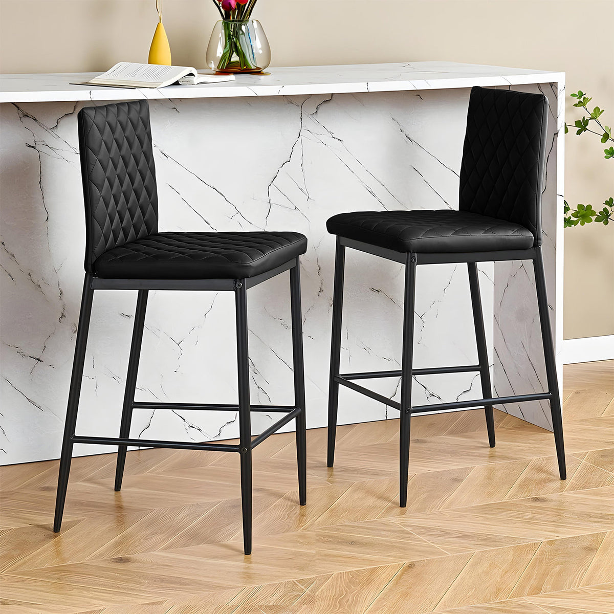 Black PU Leather Diamond-Quilted Bar Stools (Pair)