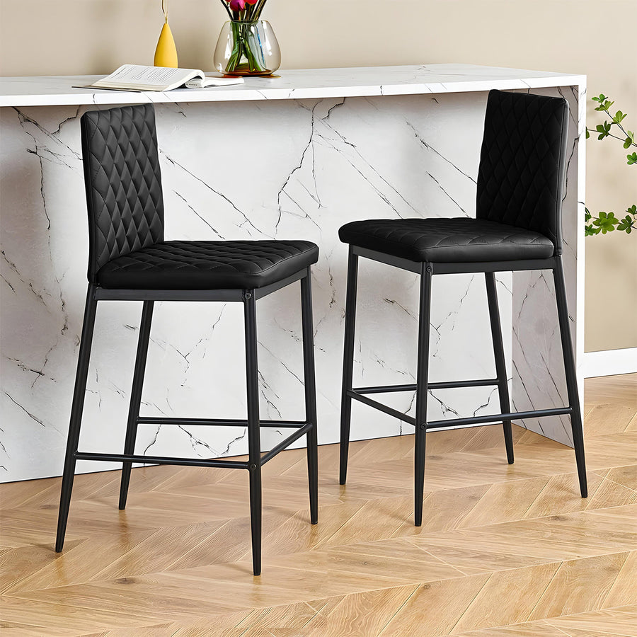 Black PU Leather Diamond-Quilted Bar Stools (Pair)